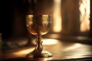 Golden chalice of wine on blurred sunlight curch background. Generative AI. photo