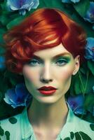 Fantasy hairstyle for short red hair with blue flower decorations. Generative AI photo