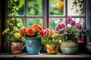 Beautiful pots with flowers. photo