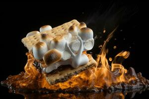Homemade marshmallow s'mores with chocolate on crackers. Generative AI photo