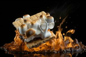 Homemade marshmallow s'mores with chocolate on crackers. Generative AI photo