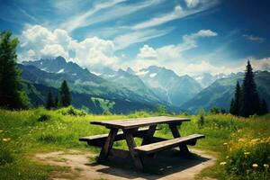 Picnic bench in the mountains photo