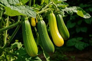 Zucchini with green leaves growing in the vegetable garden. photo