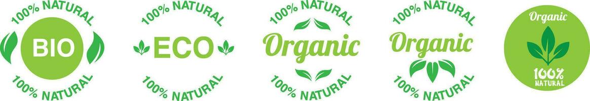 natural Insignia etiqueta recopilación. orgánico sano vegano comida etiquetas. natural, fresco, orgánico comida pegatinas recopilación. vector gráfico prima diseño.