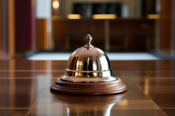 Hotel ring bell on counter desk at front reception.