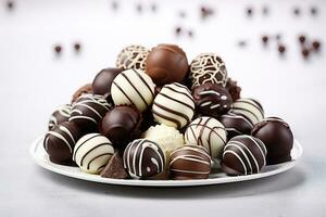 Dark, milk and white chocolate candies, truffles, assorted on wooden table. Dessert for Valentine's Day. photo