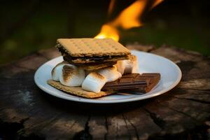 Homemade marshmallow s'mores with chocolate on crackers. Generative AI photo