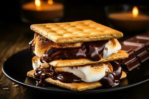 Homemade marshmallow s'mores with chocolate on crackers. photo