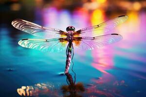 a Dragonfly hovering over a magnificent lake photo