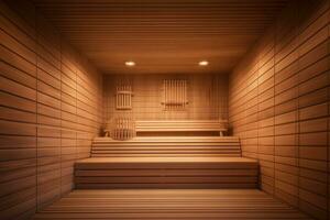 Finnish sauna with wooden relaxing resting benches. photo