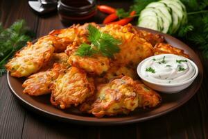 Vegetable pancakes with herb dip photo