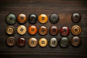 Collection of different multi colored buttons on wood photo