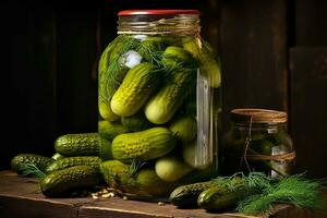 Homemade fermented pickled cucumbers in a jar. photo