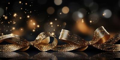 golden ribbon and christmas lights on a black background . AI Generated photo