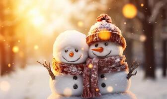 two snowmen are standing in the snow . photo