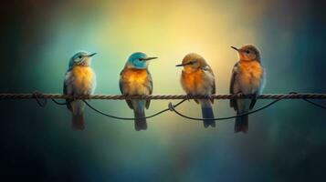 Four birds sitting on wire photo