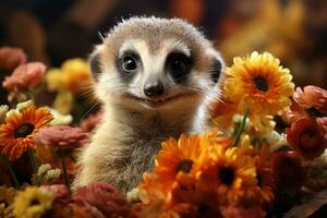 Image of meerkat with colorful flowers. photo