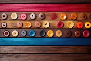 Collection of different multi colored buttons on wood photo