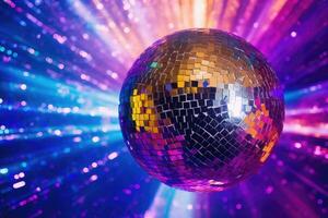 Mirrored disco ball, shiny glittering multi colored background. photo