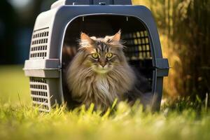 Cat sitting in carrier on grass. photo