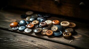 Collection of different multi colored buttons on wood photo