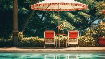 Cafe table with chair and parasol umbrella in the garden photo