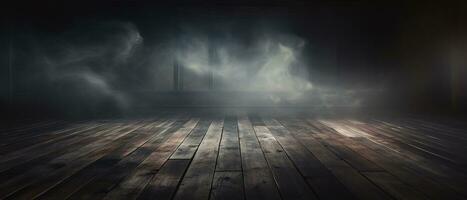 Defocused background of fog in darkness, smoke, and mist on a wooden floor. Abstract and moody Halloween backdrop. Generative AI photo