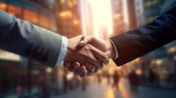 Business shaking hands, finishing up meeting. Successful businessmen handshaking after good deal. Congratulation, merger and acquisition concepts, panoramic banner. Generative AI photo