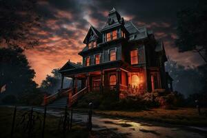 Spooky Victorian house designed for Halloween in the United States. Halloween Background. Generative AI photo