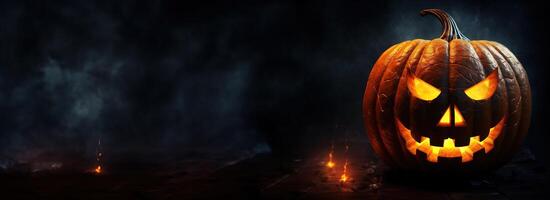 Halloween pumpkin head jack-o-lantern on dark background. photo