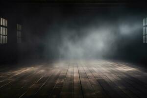 Defocused background of fog in darkness, smoke, and mist on a wooden floor. Abstract and moody Halloween backdrop. Generative AI photo