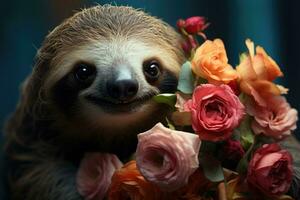 Image of sloth with colorful tropical flowers. photo