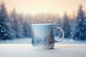 Decorated christmas coffee mug with winter forest landscape and snow. photo