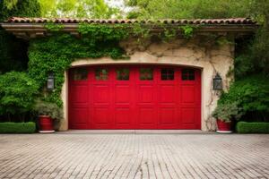 rojo garaje puerta con un entrada de coches en frente. foto