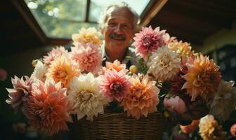 mimbre cesta lleno de floreciente flores foto