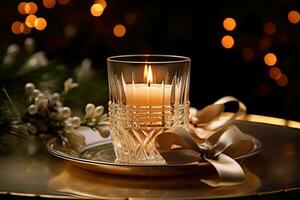 Decorative scent candle in glass at event celebration photo