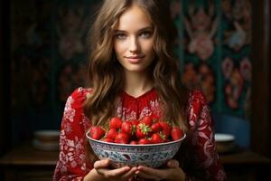 Bowl of ripe strawberries in the girl's hands. Generative AI photo