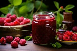 Raspberry jam and fresh raspberries photo