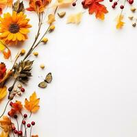 Autumn composition. Rowan berries, dried leaves, pumpkins, and flowers on white background. Autumn, fall, halloween, thanksgiving day concept. View from the top, with text space. Generative AI photo