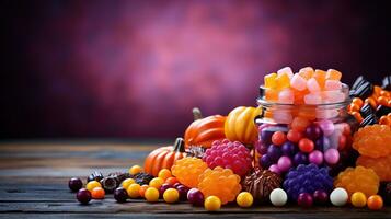 Halloween decorations pumpkin basket with candies on isolated violet background with copyspace. Halloween concept. Generative AI photo