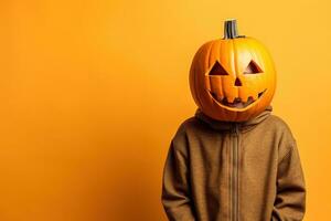 Portrait of a kid with pumpkin head. Funny kid standing isolated on a yellow background, holding a carved orange pumpkin and hiding his face behind it. Halloween concept. Generative AI photo