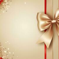 Holiday beige background with gift, red satin bow, ribbon with Copy space. Generative AI photo