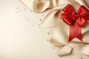 Holiday beige background with gift, red satin bow, ribbon with Copy space. Generative AI photo