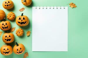 Blank paper sheet with Halloween decorations on pastel background. Greeting card, invitation mockup. Place for inscription. Pumpkin. Modern Minimal business template. top view. Generative AI photo