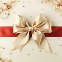 Holiday beige background with gift, red satin bow, ribbon with Copy space. Generative AI photo