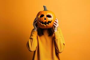 Portrait of a woman with pumpkin head. Funny young girl standing isolated on a yellow background, holding a carved orange pumpkin and hiding her face behind it. Halloween concept. Generative AI photo