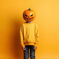 retrato de un niño con calabaza cabeza. gracioso niño en pie aislado en un amarillo fondo, participación un tallado naranja calabaza y ocultación su cara detrás él. Víspera de Todos los Santos concepto. generativo ai foto