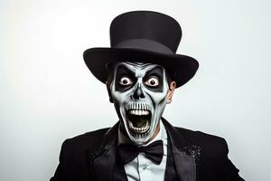A shocked man in Halloween make-up and costume grabs his face in fright. Man in black hat, suit and skull make-up opens his eyes and mouth wide in fear on white background. Generative AI photo