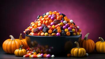 Halloween decorations pumpkin basket with candies on isolated violet background with copyspace. Halloween concept. Generative AI photo