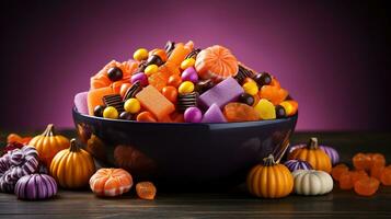 Halloween decorations pumpkin basket with candies on isolated violet background with copyspace. Halloween concept. Generative AI photo